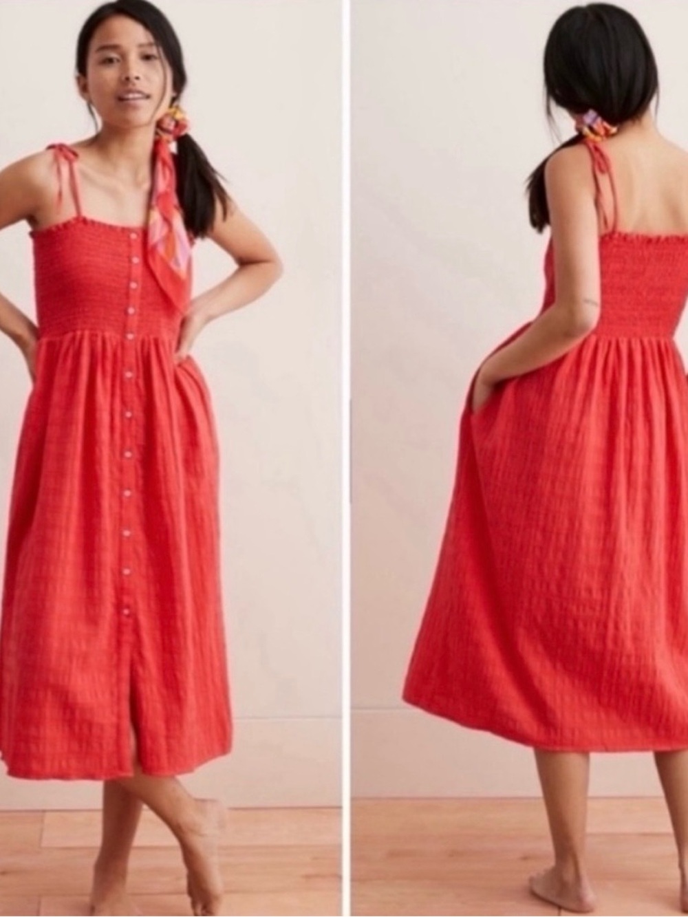 Aerie Poppy Red Gauzy Cotton Smocked Midi  Dress Pockets size M